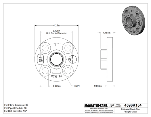 Technical drawing of Thick-Wall Plastic Pipe Fitting for Water, Fixed Flange, 1 NPT Female.
